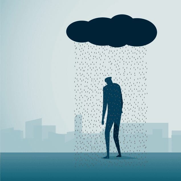 A stressed person walking under a rain cloud, cartoon